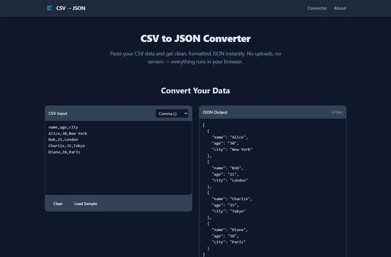 Screenshot of CSV to JSON Converter – Free Online Tool interface showing the project page in use